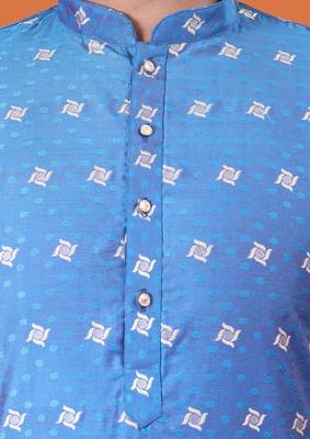 Mens cotton silk woven design with fancy button kurta turquoise 5