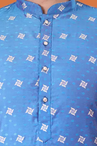 Mens cotton silk woven design with fancy button kurta turquoise