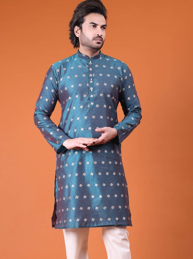 Mens cotton rayon self design with printex kurta wine