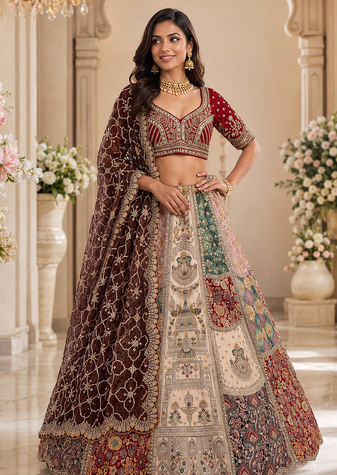 off-white color Detailed Patch work Embroidered Hand Mirror Thread work silk blend Lehenga Choli set