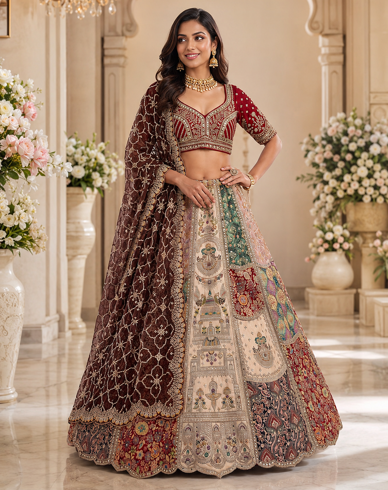 off-white color Detailed Patch work Embroidered Hand Mirror Thread work silk blend Lehenga Choli set
