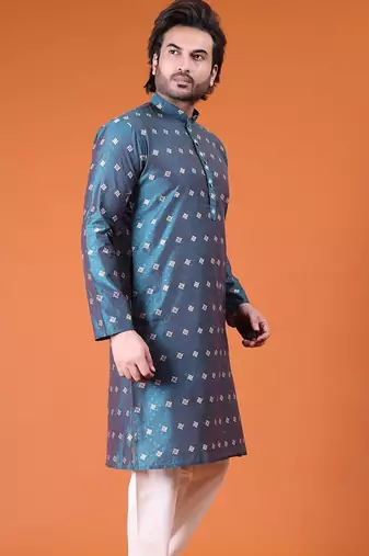 Mens cotton rayon self design with printex kurta wine