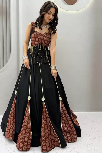 Navratri Special Black & Maroon Printed Chaniya Choli for Women