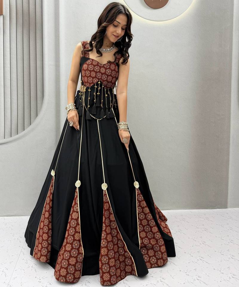Navratri Special Black & Maroon Printed Chaniya Choli for Women