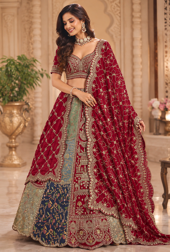 multicolor color Detailed Patch work Embroidered Hand Mirror Thread work silk blend Lehenga Choli set