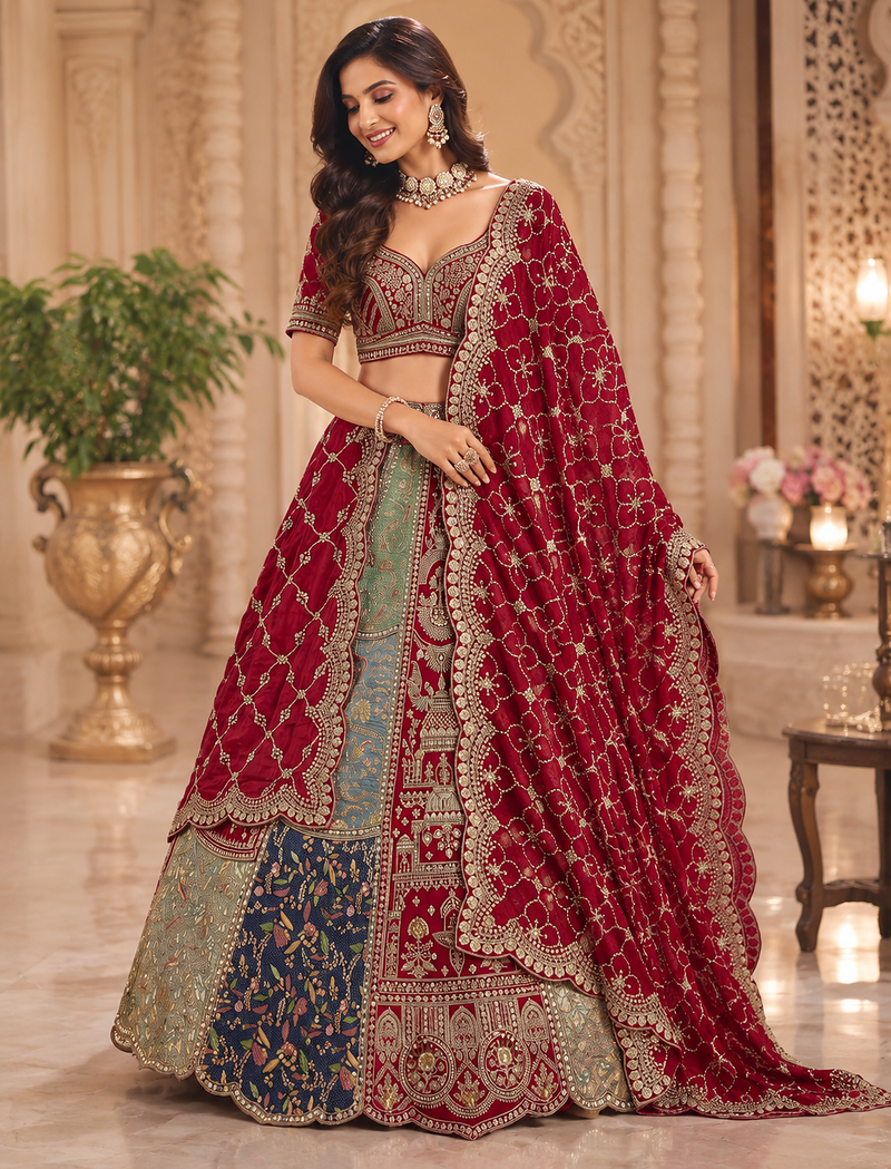 multicolor color Detailed Patch work Embroidered Hand Mirror Thread work silk blend Lehenga Choli set