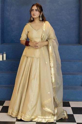 Golden Vichitra Silk Lehenga Choli with Dupatta