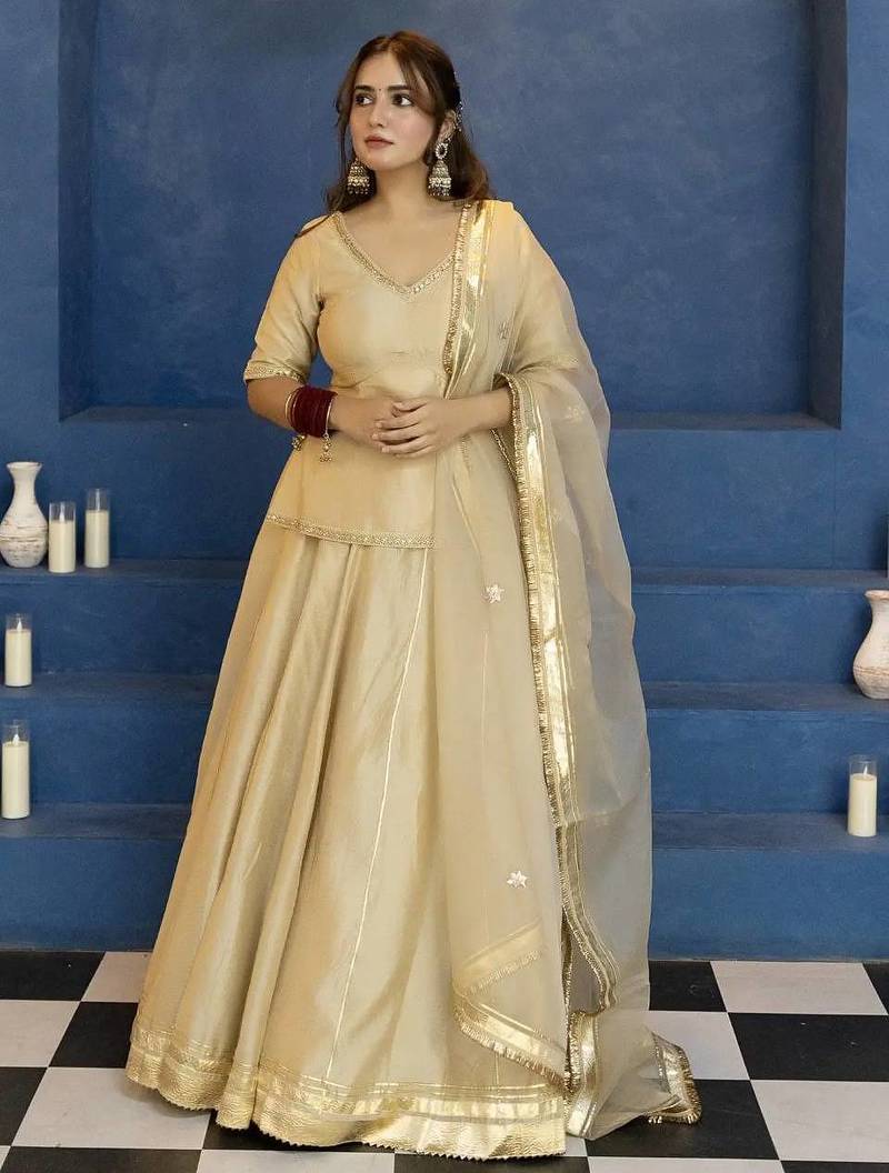 Golden Vichitra Silk Lehenga Choli with Dupatta
