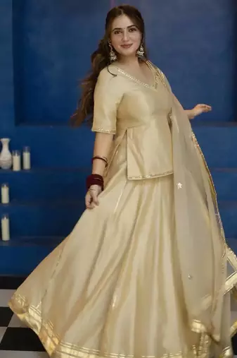 Golden Vichitra Silk Lehenga Choli with Dupatta