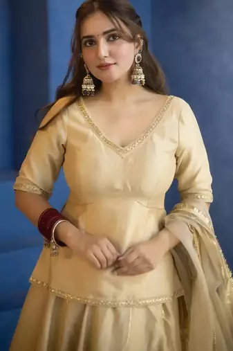 Golden Vichitra Silk Lehenga Choli with Dupatta