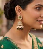 Rose gold plated light green  stone  studded dome jhumka earrings with pearls
