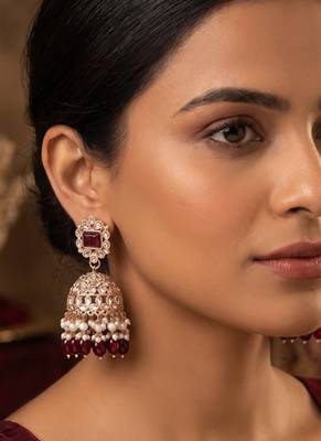 Rose gold plated  ruby stone  studded dome jhumka earrings with pearls 1