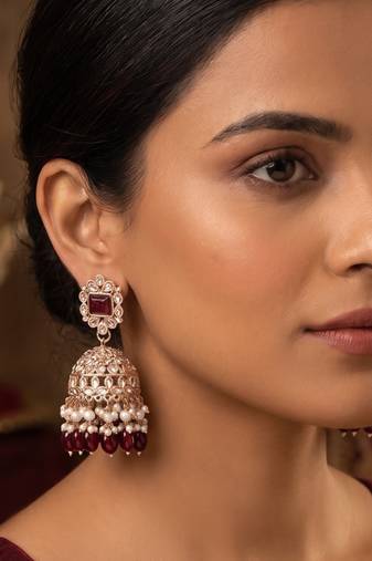 Rose gold plated  ruby stone  studded dome jhumka earrings with pearls
