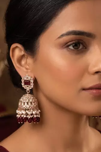 Rose gold plated  ruby stone  studded dome jhumka earrings with pearls
