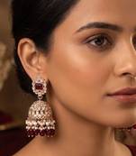 Rose gold plated  ruby stone  studded dome jhumka earrings with pearls