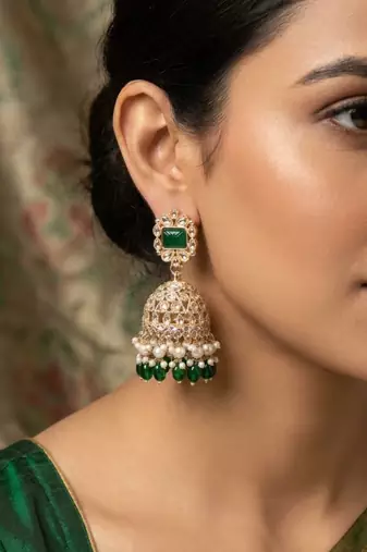 Rose gold plated green stone  studded dome jhumka earrings with pearls