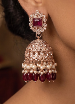 Rose gold plated  ruby stone  studded dome jhumka earrings with pearls 2