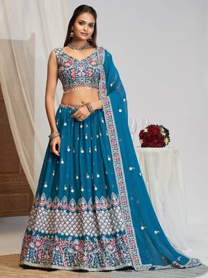 Captivating Teal Blue Dori, Zari and Sequins Embroidered Faux georgette Indian Designer Wedding lehenga choli 1