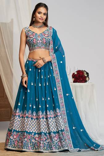 Captivating Teal Blue Dori, Zari and Sequins Embroidered Faux georgette Indian Designer Wedding lehenga choli