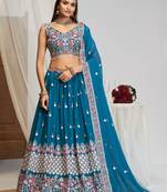 Captivating Teal Blue Dori, Zari and Sequins Embroidered Faux georgette Indian Designer Wedding lehenga choli