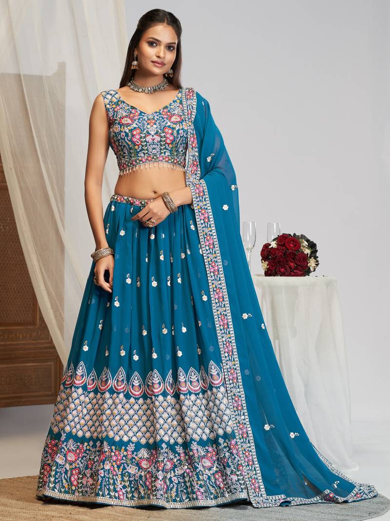 Captivating Teal Blue Dori, Zari and Sequins Embroidered Faux georgette Indian Designer Wedding lehenga choli