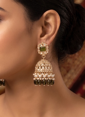 Rose gold plated light green  stone  studded dome jhumka earrings with pearls 2