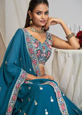 Captivating Teal Blue Dori, Zari and Sequins Embroidered Faux georgette Indian Designer Wedding lehenga choli 2