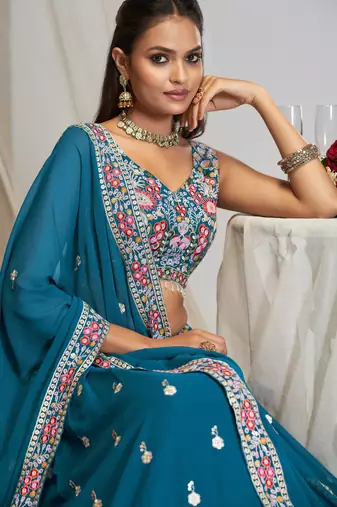 Captivating Teal Blue Dori, Zari and Sequins Embroidered Faux georgette Indian Designer Wedding lehenga choli