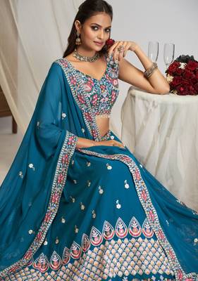Captivating Teal Blue Dori, Zari and Sequins Embroidered Faux georgette Indian Designer Wedding lehenga choli 3