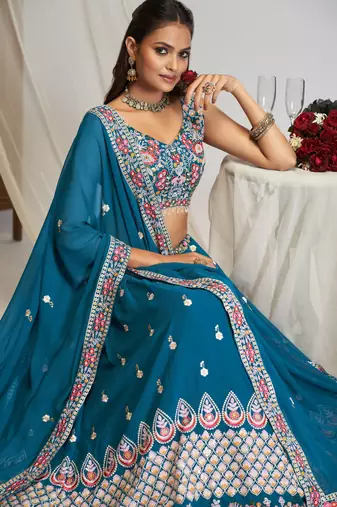 Captivating Teal Blue Dori, Zari and Sequins Embroidered Faux georgette Indian Designer Wedding lehenga choli