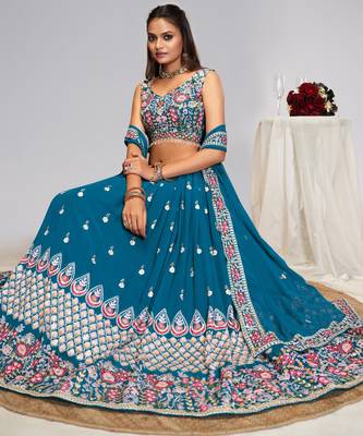 Captivating Teal Blue Dori, Zari and Sequins Embroidered Faux georgette Indian Designer Wedding lehenga choli 4