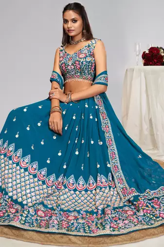 Captivating Teal Blue Dori, Zari and Sequins Embroidered Faux georgette Indian Designer Wedding lehenga choli