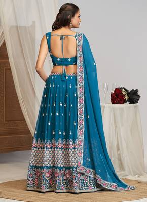Captivating Teal Blue Dori, Zari and Sequins Embroidered Faux georgette Indian Designer Wedding lehenga choli 5