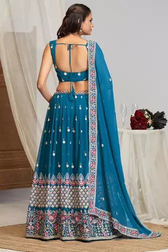 Captivating Teal Blue Dori, Zari and Sequins Embroidered Faux georgette Indian Designer Wedding lehenga choli