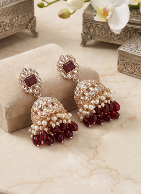 Rose gold plated  ruby stone  studded dome jhumka earrings with pearls 3