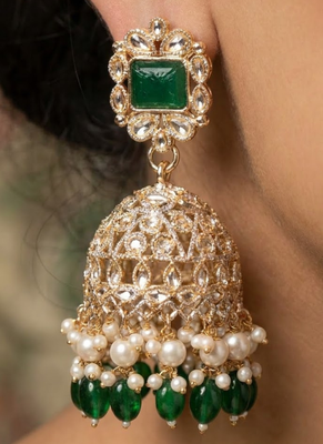 Rose gold plated green stone  studded dome jhumka earrings with pearls 2