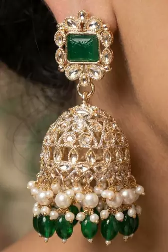 Rose gold plated green stone  studded dome jhumka earrings with pearls