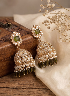 Rose gold plated light green  stone  studded dome jhumka earrings with pearls 3