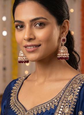 Rose gold plated  ruby stone  studded dome jhumka earrings with pearls 4