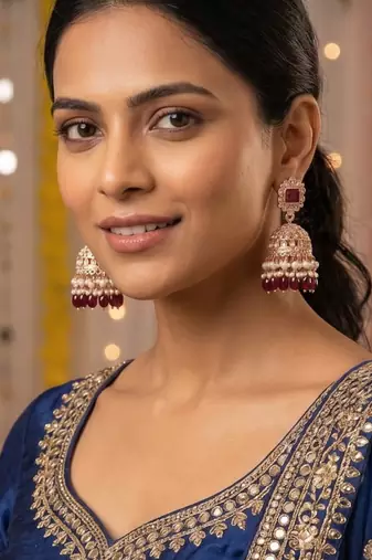 Rose gold plated  ruby stone  studded dome jhumka earrings with pearls