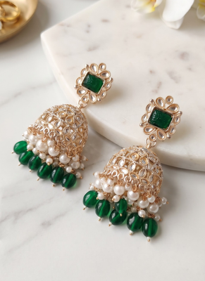 Rose gold plated green stone  studded dome jhumka earrings with pearls 3
