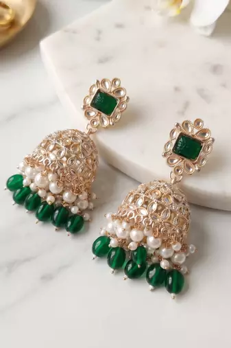 Rose gold plated green stone  studded dome jhumka earrings with pearls