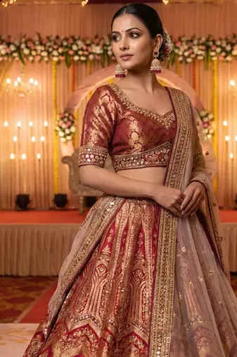 Rose gold plated maroon  stone  studded dome jhumka earrings with pearls