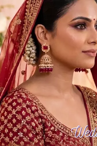 Rose gold plated maroon  stone  studded dome jhumka earrings with pearls