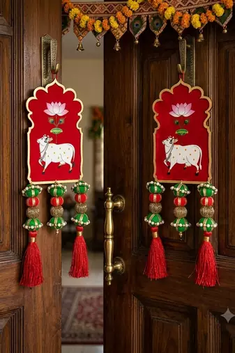 cow latkan hanging diwali decorations wall hanging toran for door rajasthani home decoration (pack of 2)