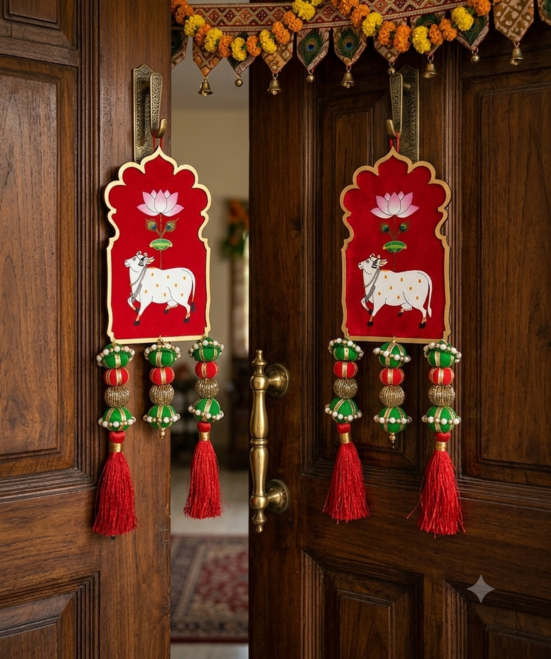 cow latkan hanging diwali decorations wall hanging toran for door rajasthani home decoration (pack of 2)