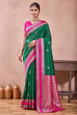 rama green zari work  silk saree traditional woven style saree with blouse piece 1