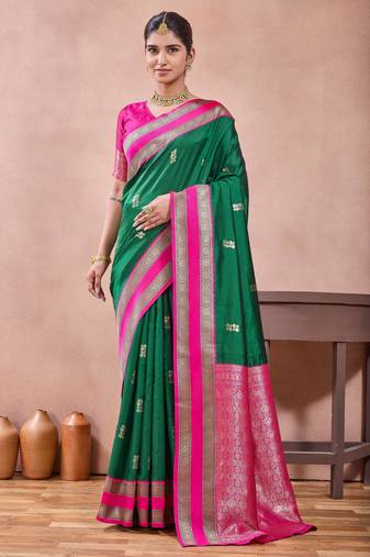 rama green zari work  silk saree traditional woven style saree with blouse piece