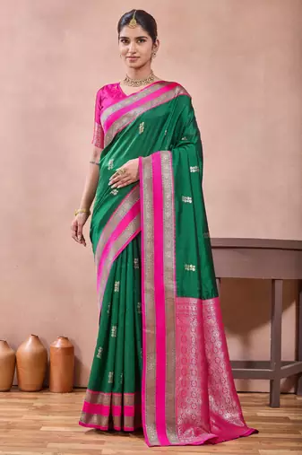 rama green zari work  silk saree traditional woven style saree with blouse piece