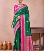 rama green zari work  silk saree traditional woven style saree with blouse piece